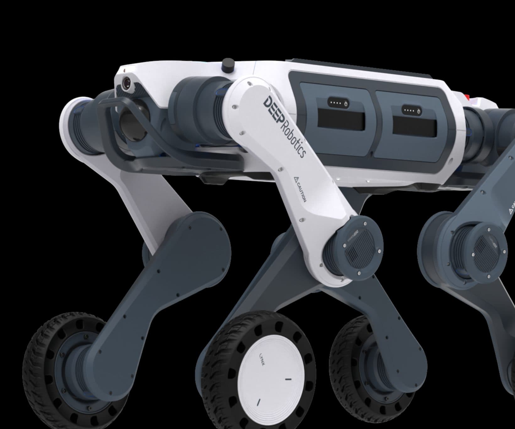 Close-up of a wheel-legged patrol robot's front, showing the camera and lamp