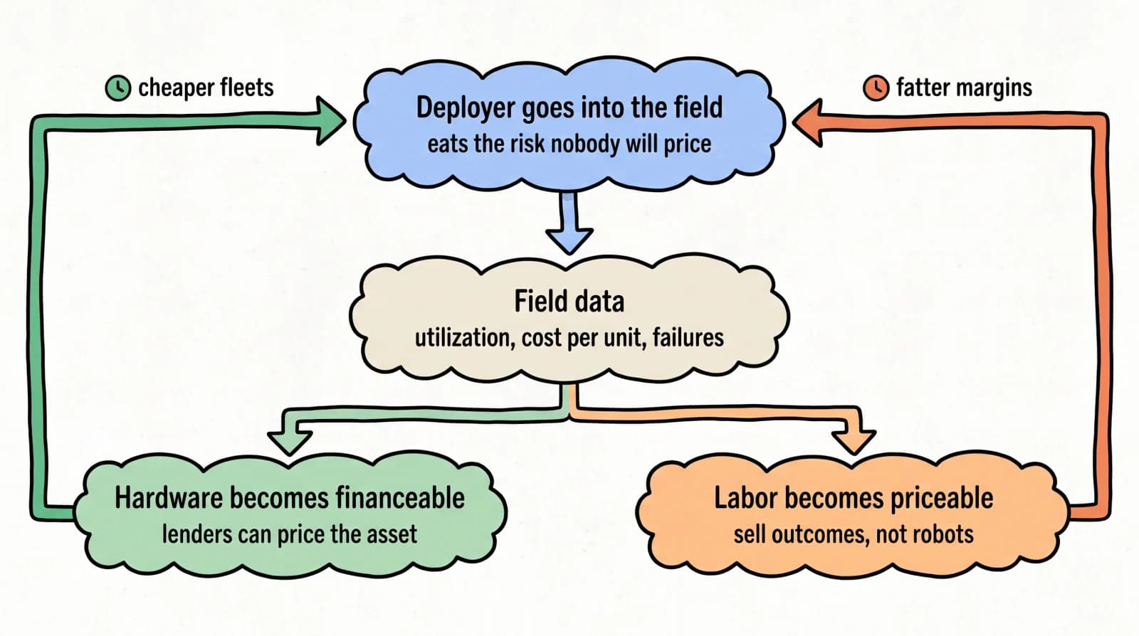 The deployer goes into the field and eats the risk nobody will price. The field data that comes back — utilization, cost per unit, failures — makes hardware financeable and labor priceable, which returns to the deployer as cheaper fleets and fatter margins.
