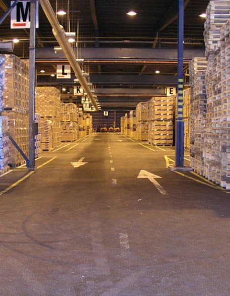 Humanoid under test — Warehouse: Loaded gait · pallet aisle
