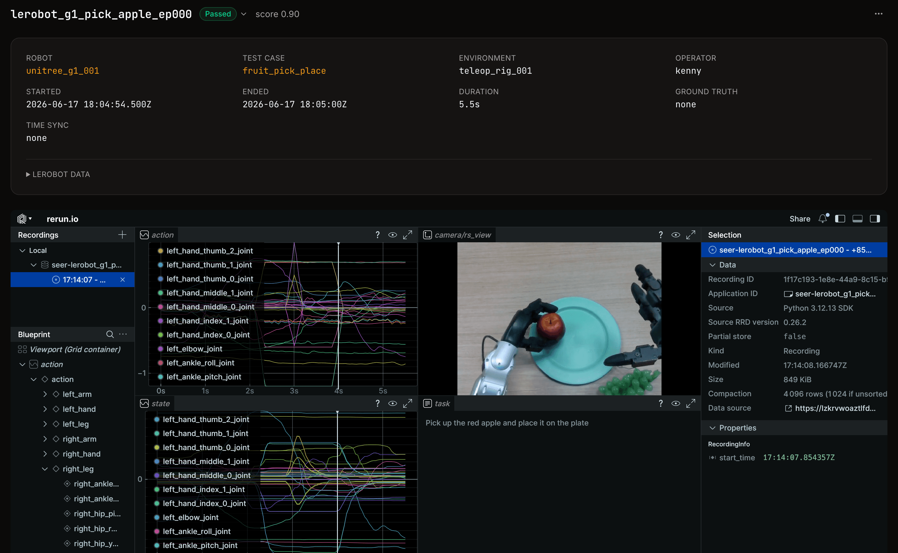 Seer: a scored test episode with synchronized telemetry and camera replay